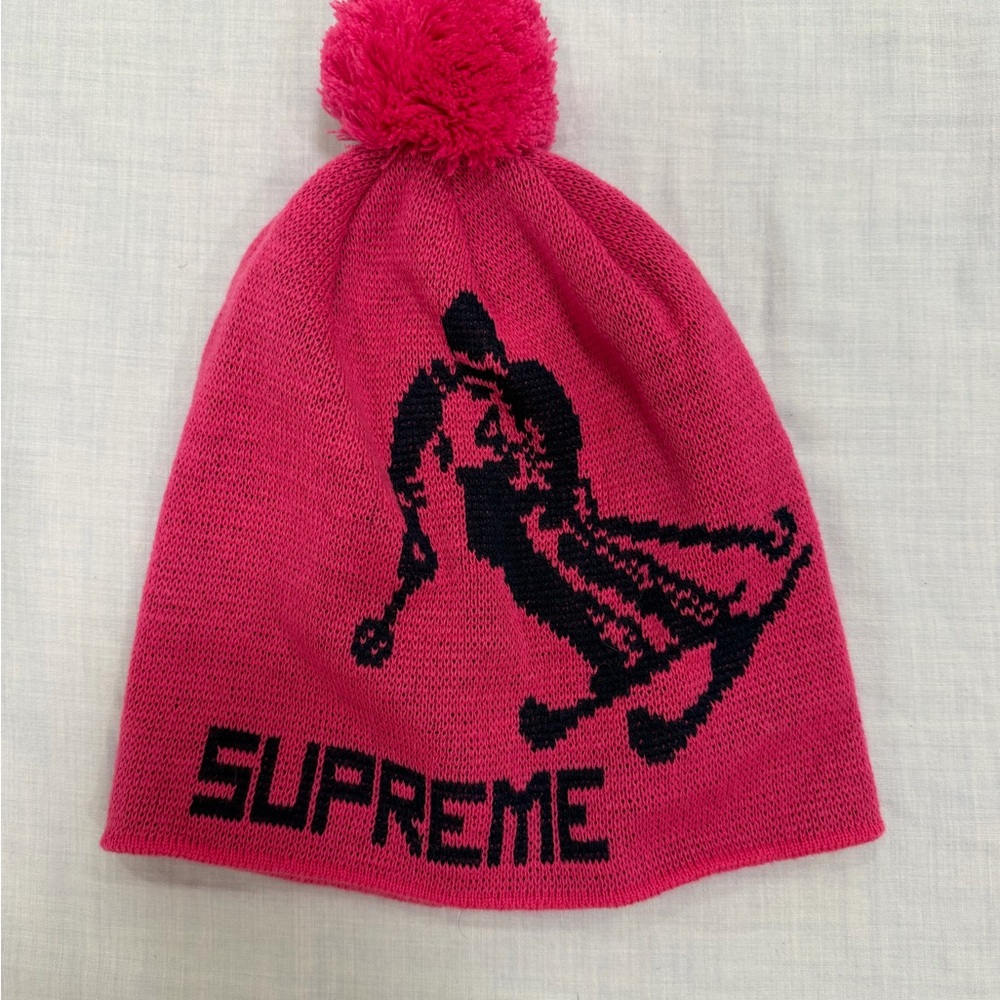 Supreme Hot Pink Knit Pom Beanie with ski Logo